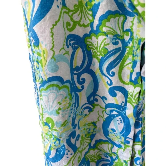 Lilly Pulitzer The Beach Pant Blue Green Shell Paisley Wide Leg Linen Blend M - Picture 2 of 11